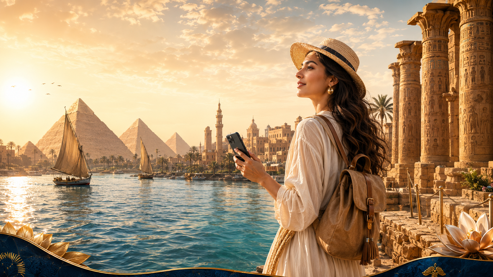 Traveler using mobile data beside the Nile in Egypt
